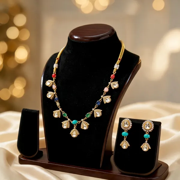 Gold_Multicolour_Stone_Teardrop_Necklace_And_Earrings_Set_For_Women