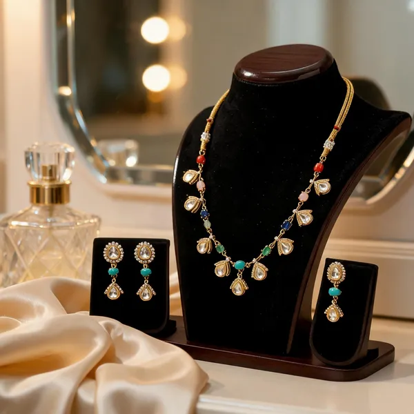 Gold_Multicolour_Stone_Teardrop_Necklace_And_Earrings_Set_For_Women