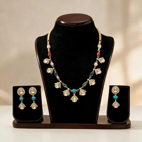Gold_Multicolour_Stone_Teardrop_Necklace_And_Earrings_Set_For_Women