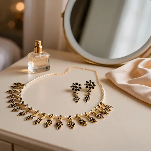 Gold_Tone_Floral_Necklace_And_Earrings_Set_For_Women