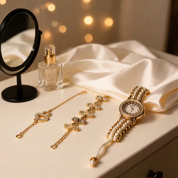 Gold_Alloy_Floral_Charm_Bracelet_Watch_Set_For_Women