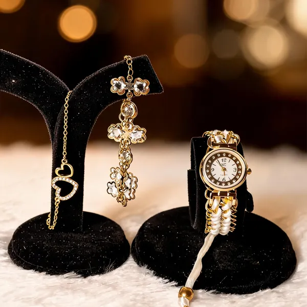 Gold_Alloy_Floral_Charm_Bracelet_Watch_Set_For_Women