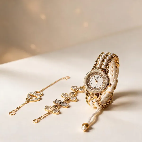 Gold_Alloy_Floral_Charm_Bracelet_Watch_Set_For_Women
