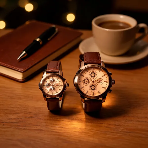 Brown_Leather_Chronograph_Watch_Set_For_Couples
