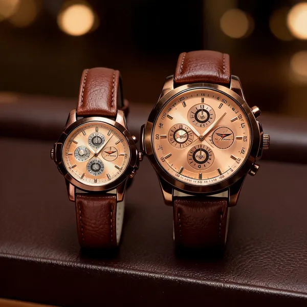 Brown_Leather_Chronograph_Watch_Set_For_Couples