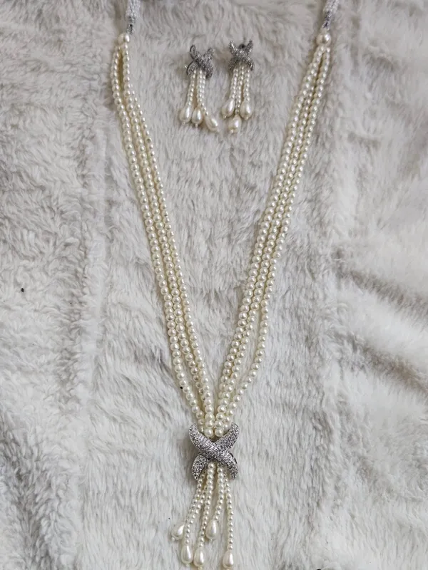 White_Pearl_Rhinestone_Necklace_And_Earrings_Set_for_Women