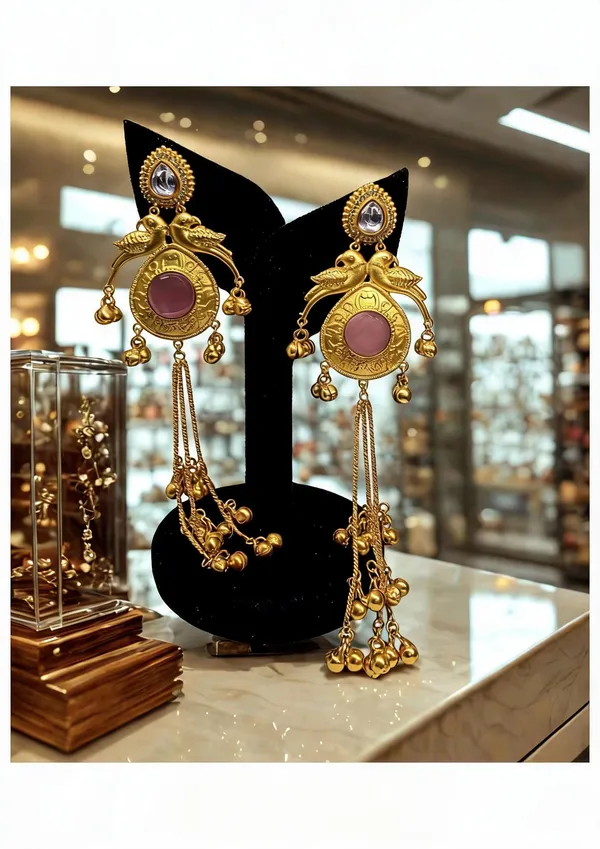 Gold_&_Pink_Brass_Drop_kashmiri_Earrings_For_Women