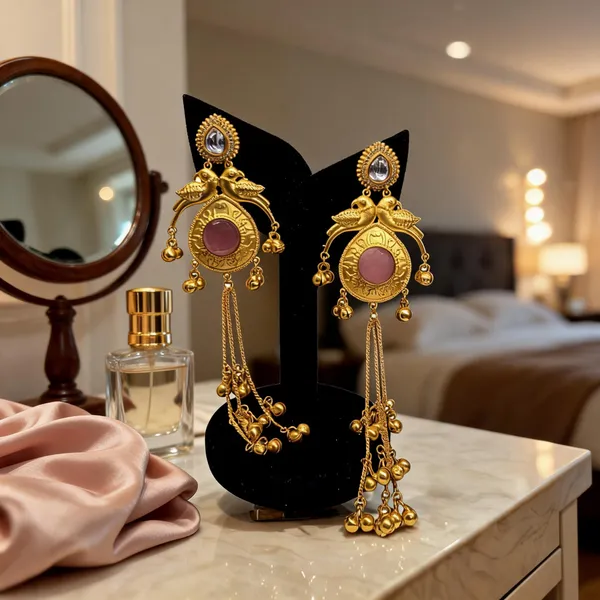 Gold_&_Pink_Brass_Drop_kashmiri_Earrings_For_Women