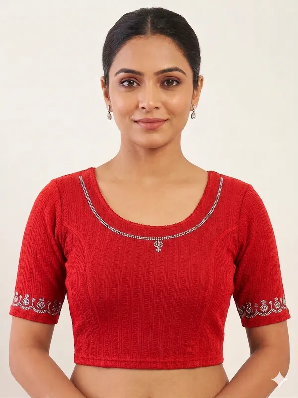 Red_Embellished_Short_Sleeve_Blouse_for_Women