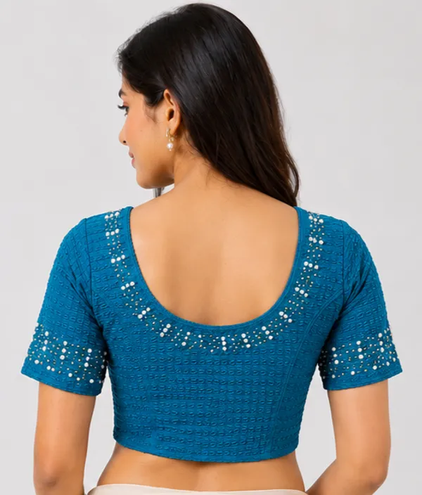 Blue_Textured_Embellished_Blouse_for_Women