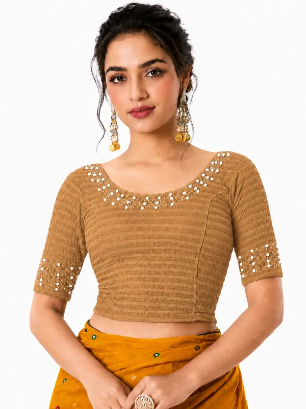 Yellow_Lycra_Fitted_Crop_Top_Blouse_For_Women