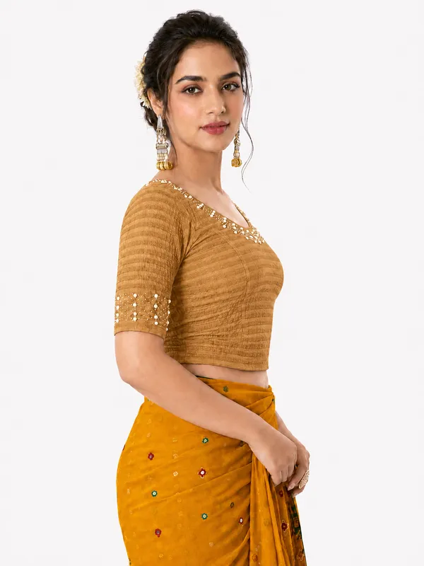 Yellow_Lycra_Fitted_Crop_Top_Blouse_For_Women
