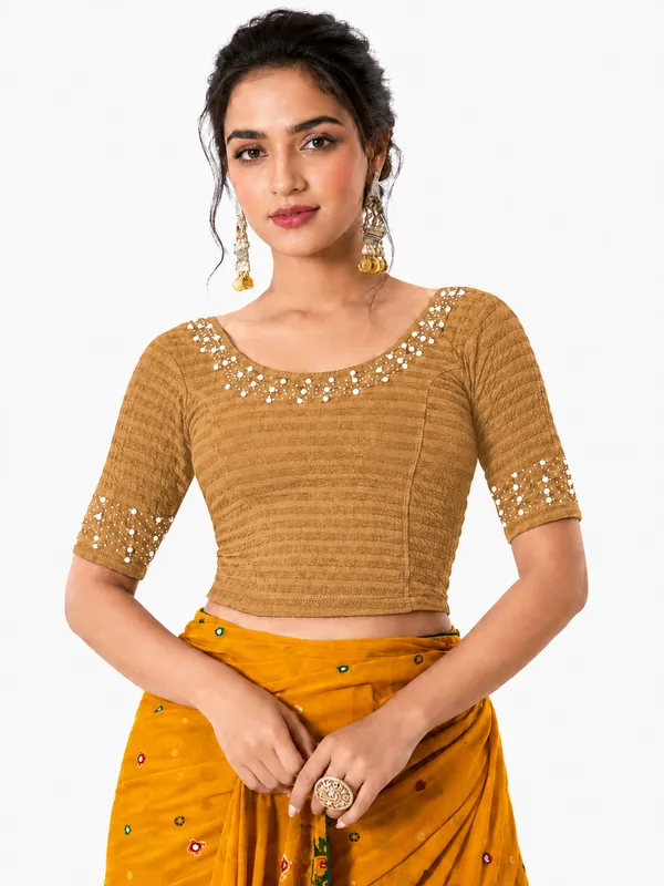 Yellow_Lycra_Fitted_Crop_Top_Blouse_For_Women