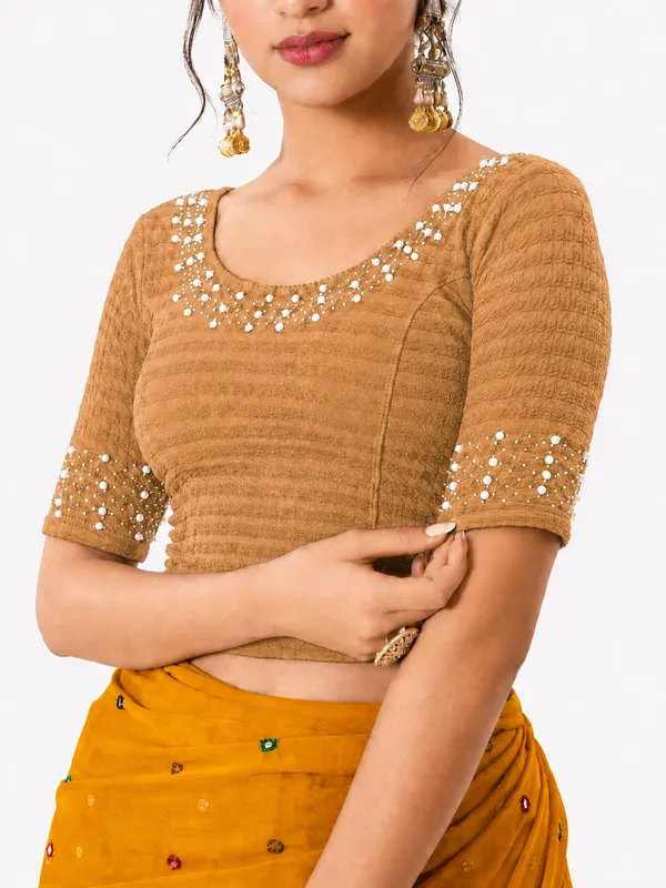 Yellow_Lycra_Fitted_Crop_Top_Blouse_For_Women