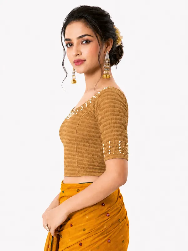 Yellow_Lycra_Fitted_Crop_Top_Blouse_For_Women