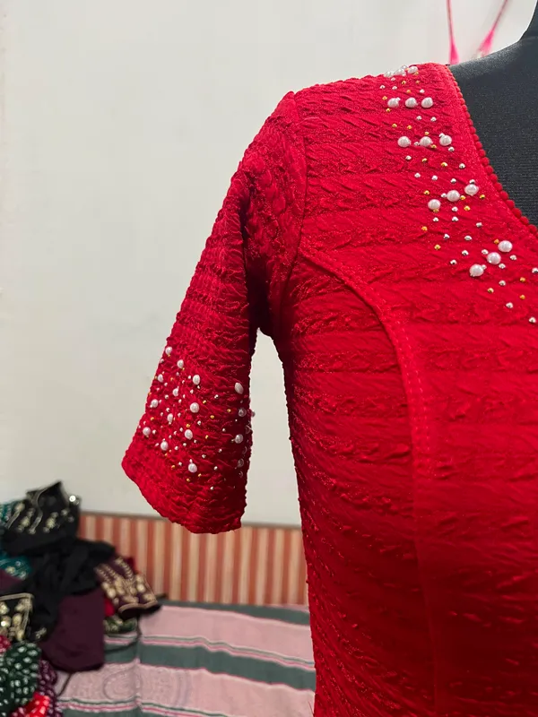 Red_Embellished_Short_Sleeve_Blouse_for_Women