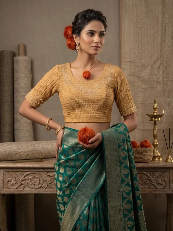 Gold_Lycra_Textured_Embellished_Blouse_For_Women