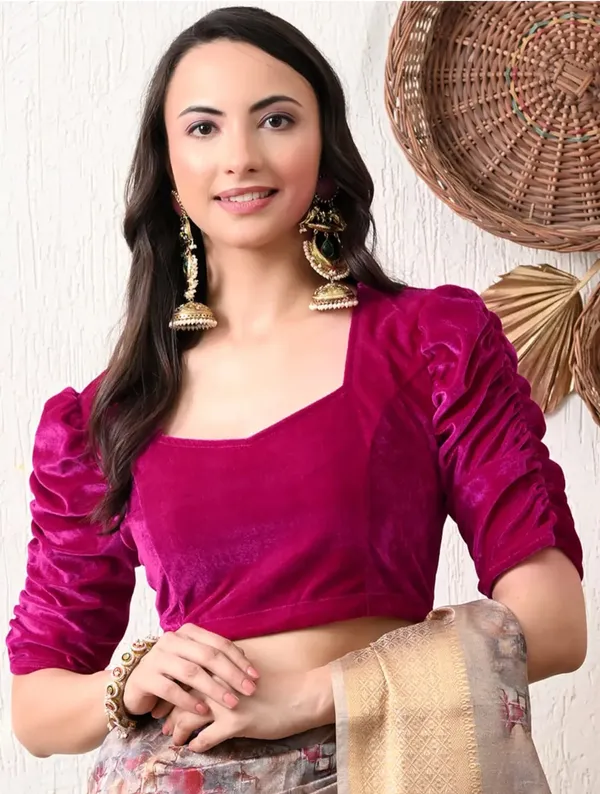 Magenta_Velvet_Puff_Sleeve_Blouse_for_Women