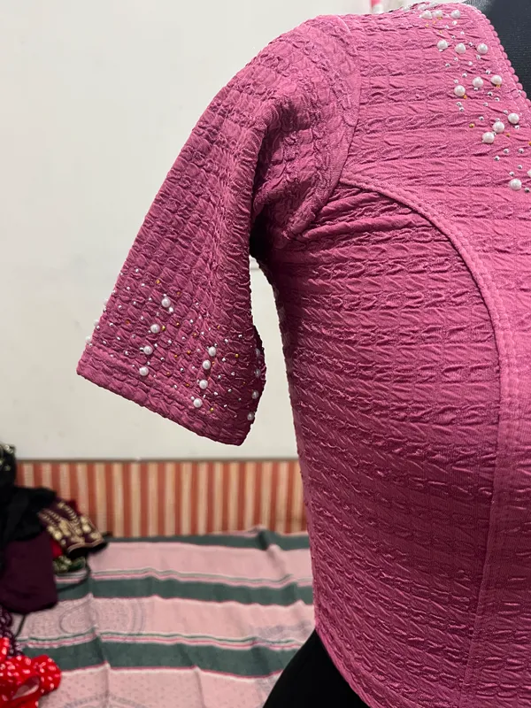 Pink_Textured_Short_Sleeve_Blouse_for_Women