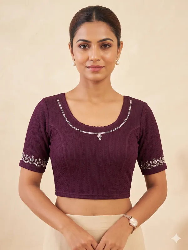 Maroon_Textured_Short_Sleeve_Blouse_for_Women