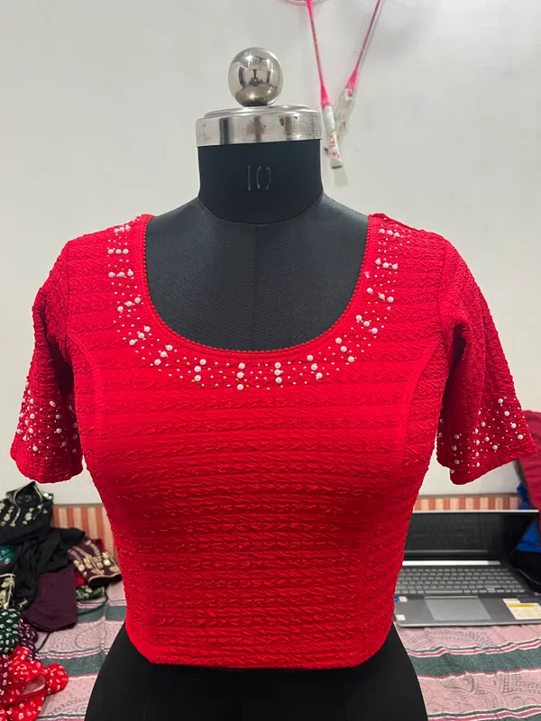 Red_Embellished_Short_Sleeve_Blouse_for_Women