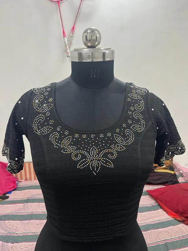 Black_Embellished_Short_Sleeve_Blouse_for_Women