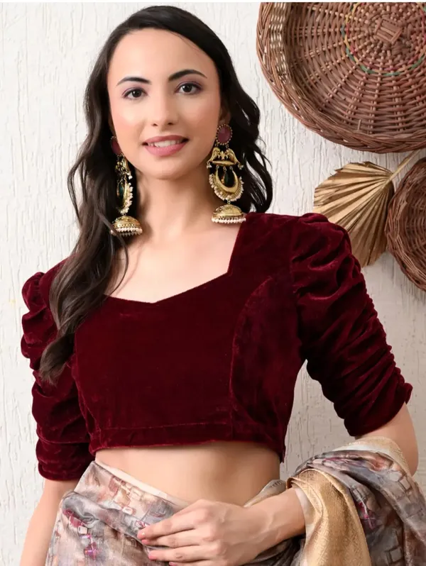Maroon_Velvet_Ruched_Sleeve_Blouse_for_Women