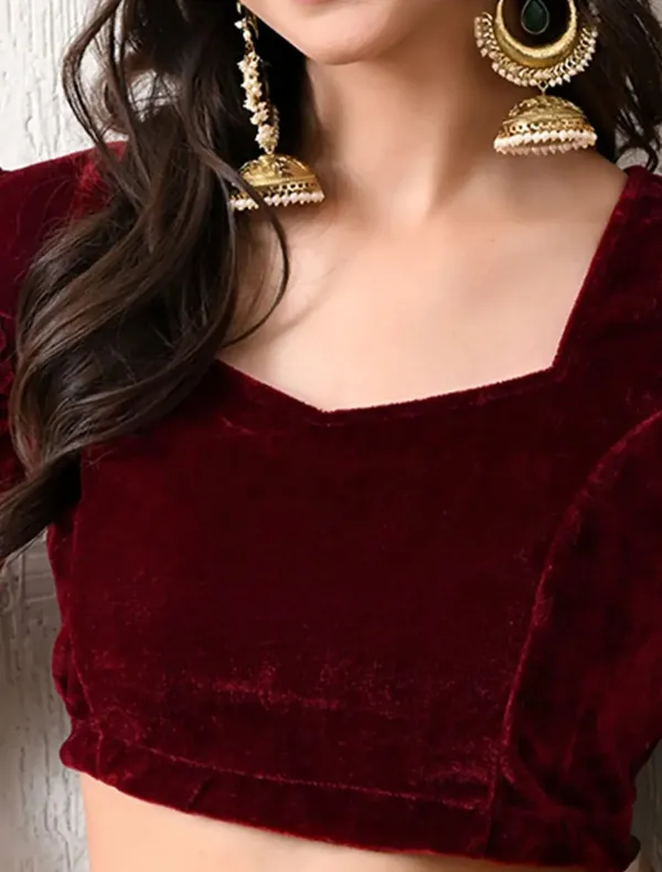 Maroon_Velvet_Ruched_Sleeve_Blouse_for_Women