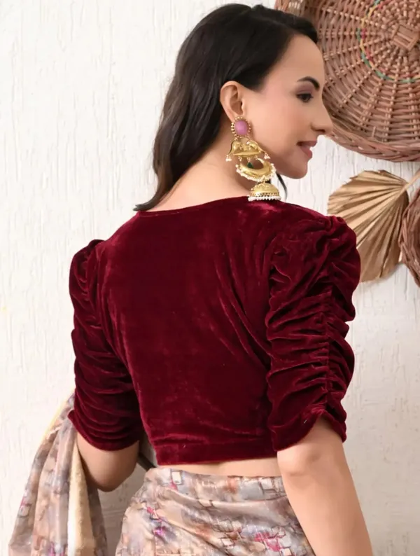 Maroon_Velvet_Ruched_Sleeve_Blouse_for_Women