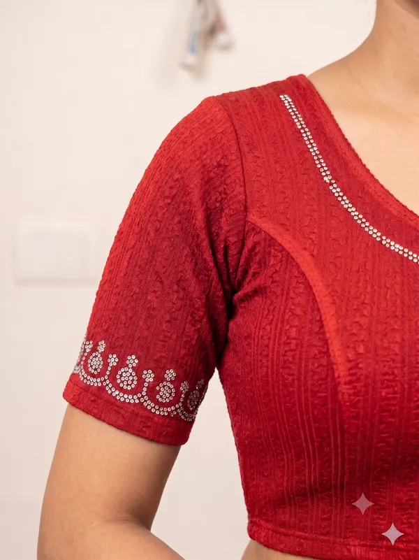Red_Embellished_Short_Sleeve_Blouse_for_Women