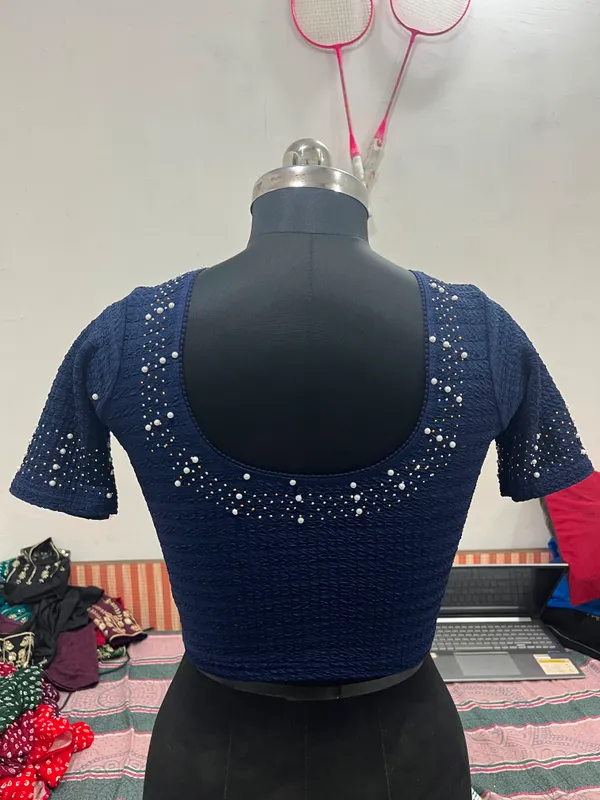 Navy_Embellished_Short_Sleeve_Blouse_for_Women
