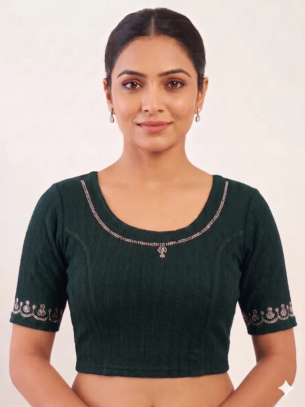 Dark_Green_Embroidered_Round_Neck_Blouse_for_Women