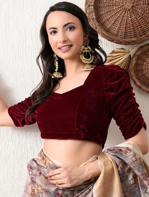 Maroon_Velvet_Ruched_Sleeve_Blouse_for_Women