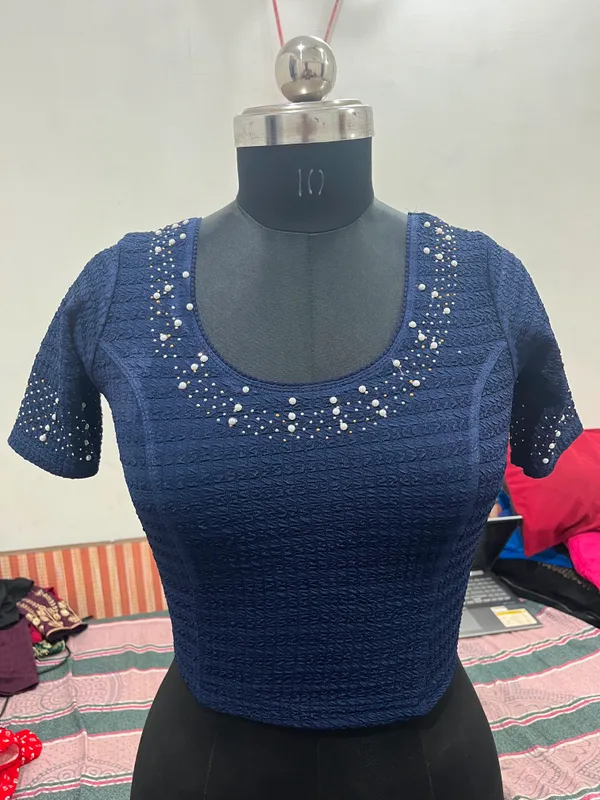 Navy_Embellished_Short_Sleeve_Blouse_for_Women