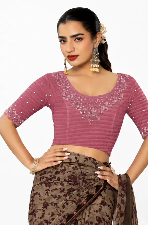 Pink_Lycra_Embellished_Short_Sleeve_Blouse_For_Women
