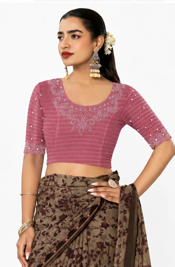 Pink_Lycra_Embellished_Short_Sleeve_Blouse_For_Women