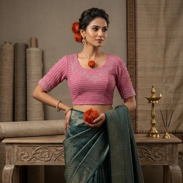 Pink_Lycra_Embellished_Short_Sleeve_Blouse_For_Women
