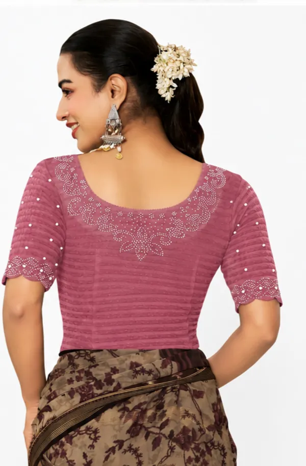 Pink_Lycra_Embellished_Short_Sleeve_Blouse_For_Women