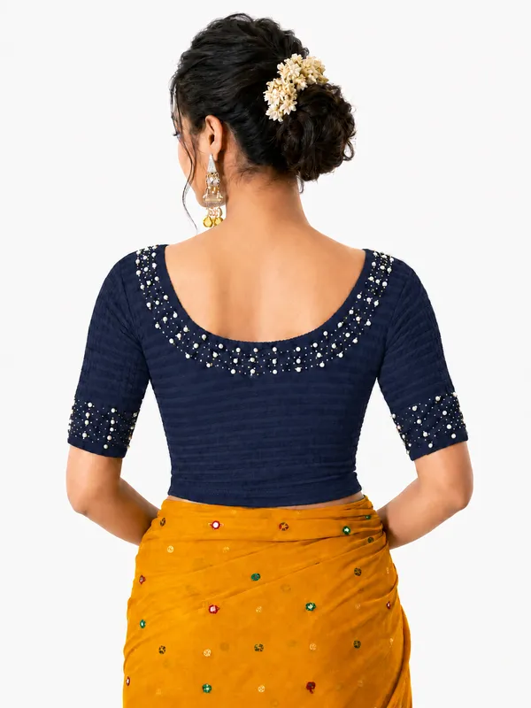 Blue_Lycra_Embellished_Short_Sleeve_Blouse_For_Women