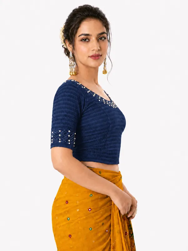 Blue_Lycra_Embellished_Short_Sleeve_Blouse_For_Women
