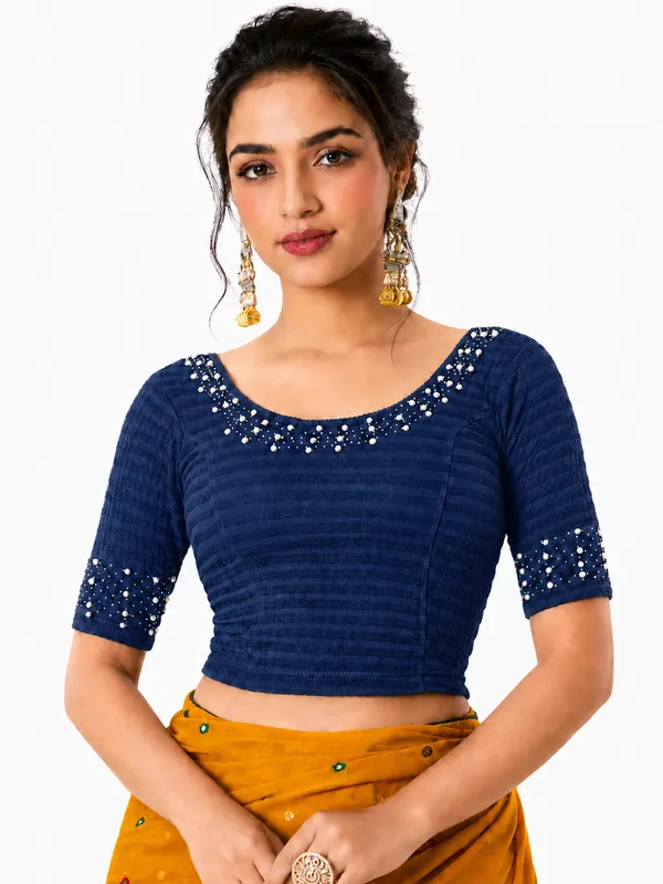 Blue_Lycra_Embellished_Short_Sleeve_Blouse_For_Women