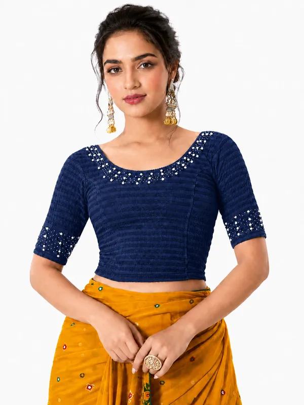 Blue_Lycra_Embellished_Short_Sleeve_Blouse_For_Women