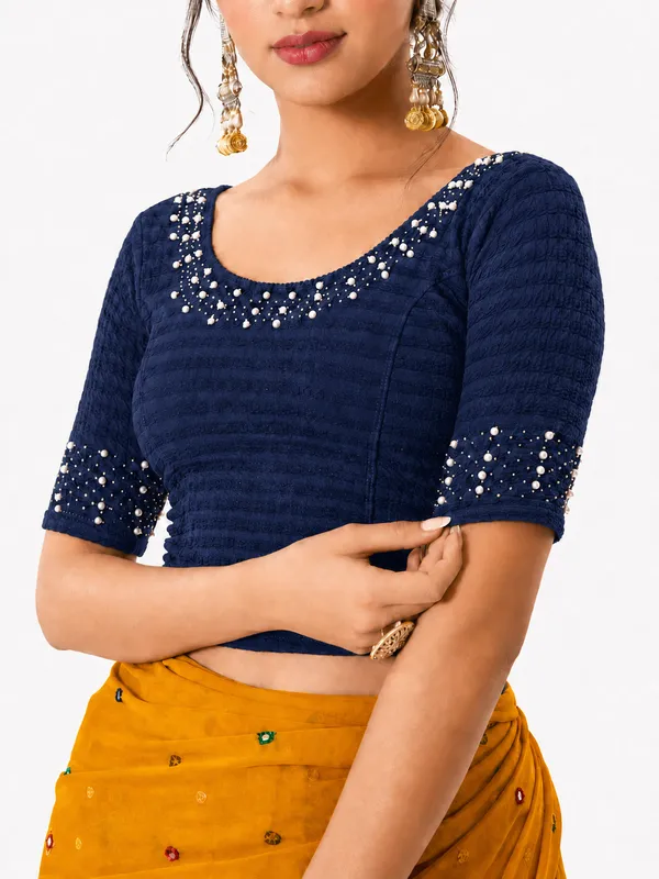 Blue_Lycra_Embellished_Short_Sleeve_Blouse_For_Women