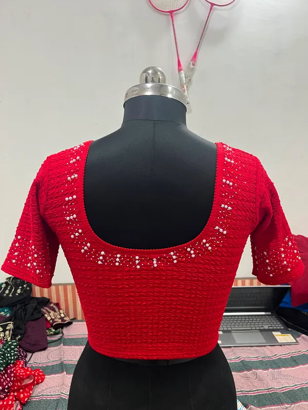 Red_Embellished_Short_Sleeve_Blouse_for_Women