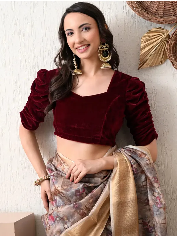 Maroon_Velvet_Ruched_Sleeve_Blouse_for_Women