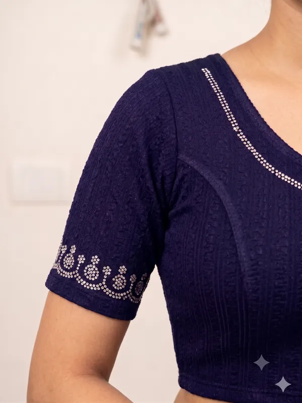 Navy_Textured_Short_Sleeve_Blouse_for_Women