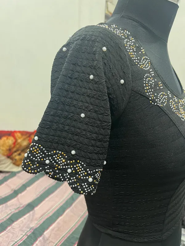 Black_Embellished_Short_Sleeve_Blouse_for_Women