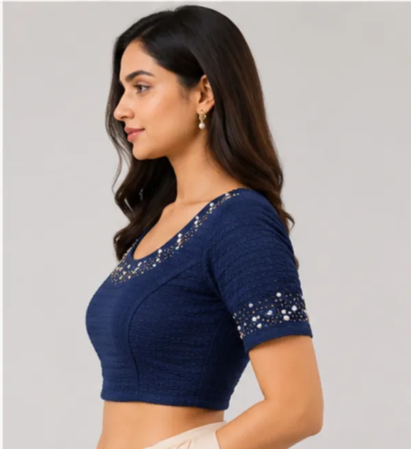 Navy_Embellished_Short_Sleeve_Blouse_for_Women