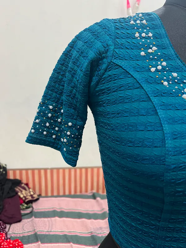 Blue_Textured_Embellished_Blouse_for_Women
