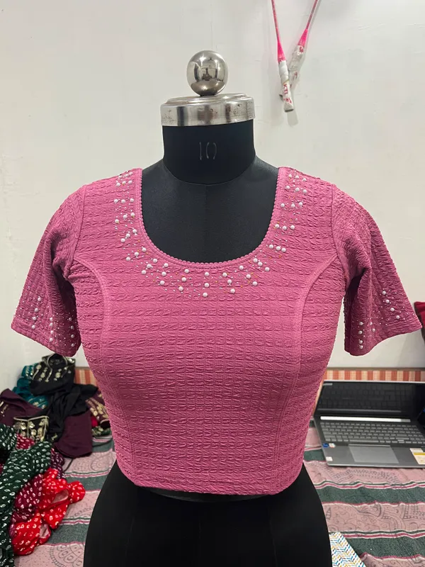 Pink_Textured_Short_Sleeve_Blouse_for_Women